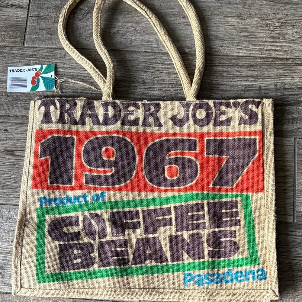 NEW TraderJoe’s COFFEE BEANS Pasadena Burlap Jute tote reusable bag NWT